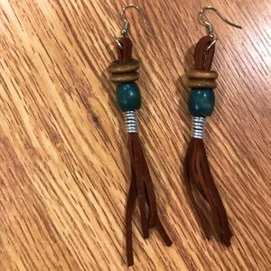 Handmade Leather Fringe & Wood Earrings (blue)